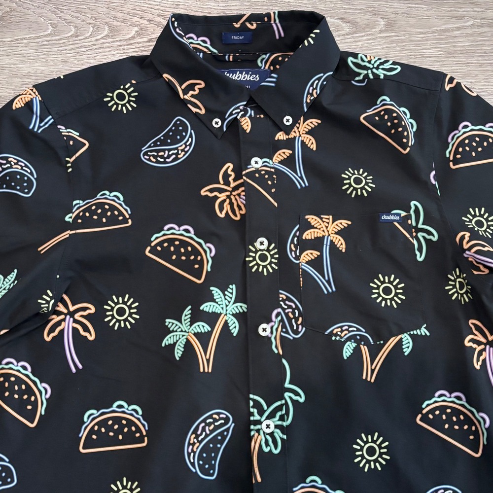Chubbies Friday Button Down Shirt Mens Small Black Neon Taco Palm Tree Pattern